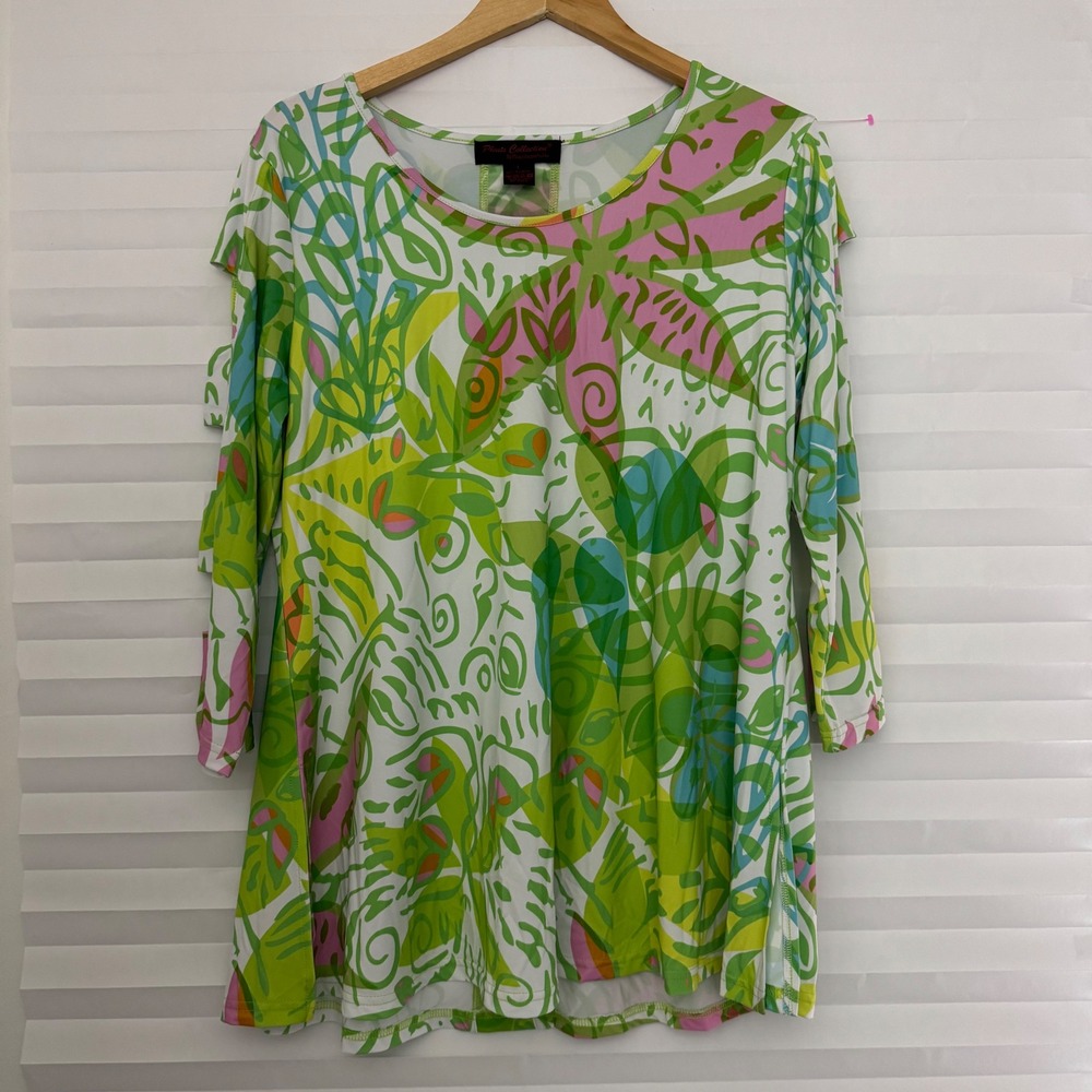 Pleats Collection Pings Imports Tropical‎ Floral Cutout Sleeve Back Top Green L